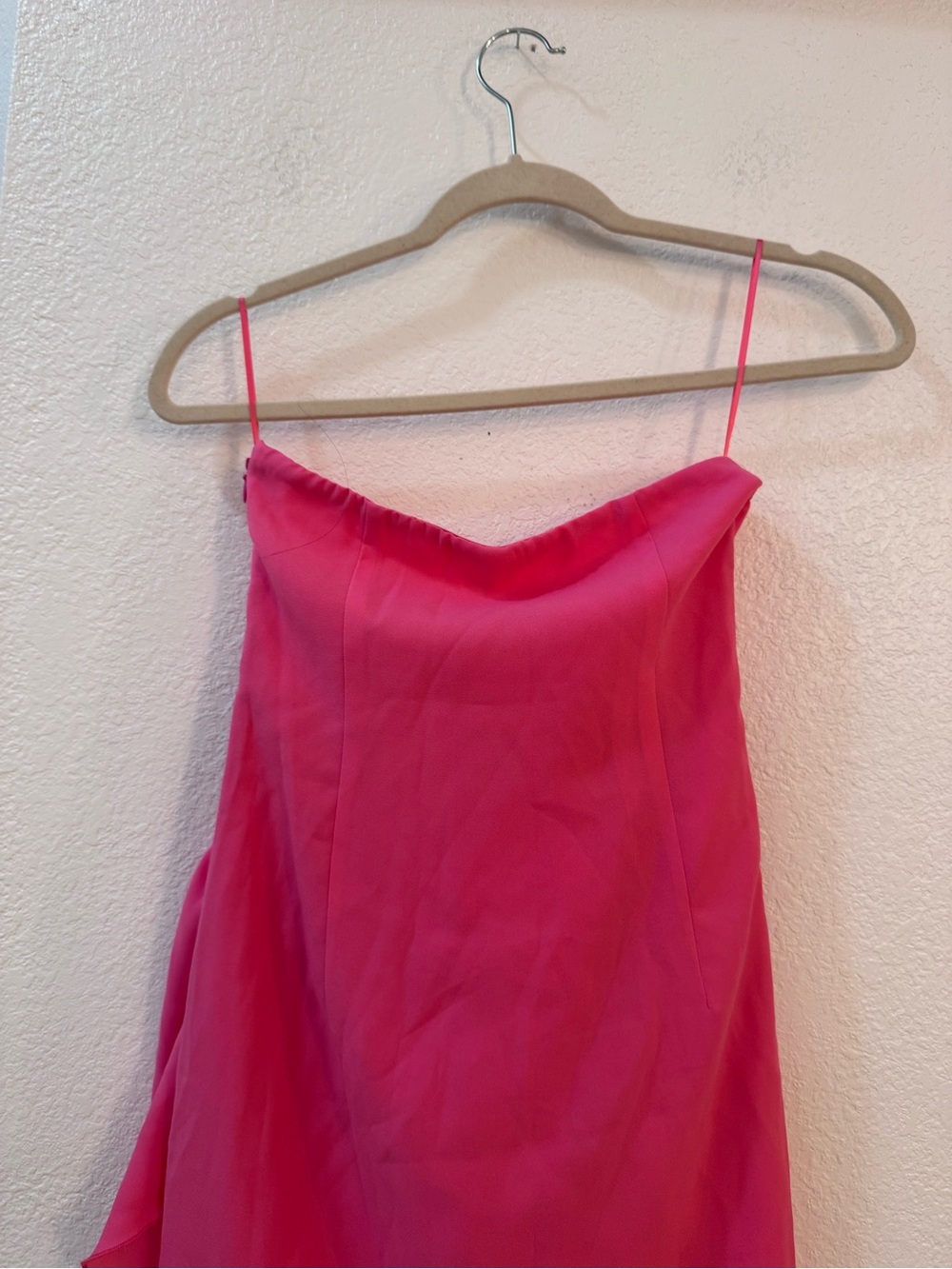 superdown Hot Pink Strapless Ruched Mini Dress with Side Ruffle - Picture 12 of 16